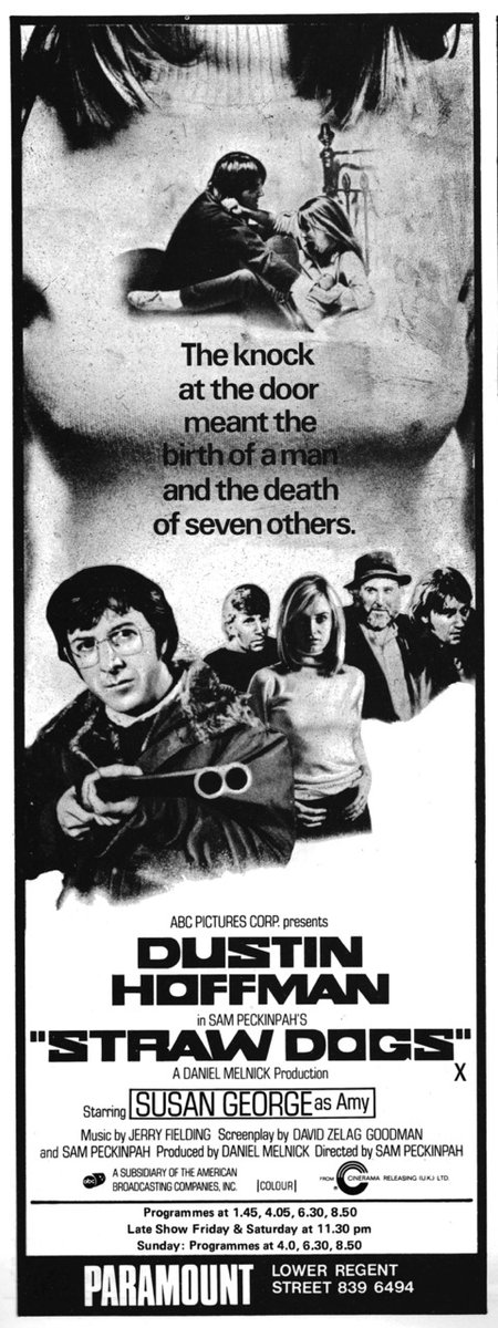 On this day November 25th, 1971, Sam Peckinpah's STRAW DOGS, starring Dustin Hoffman and Susan George, opened in London at the Paramount..