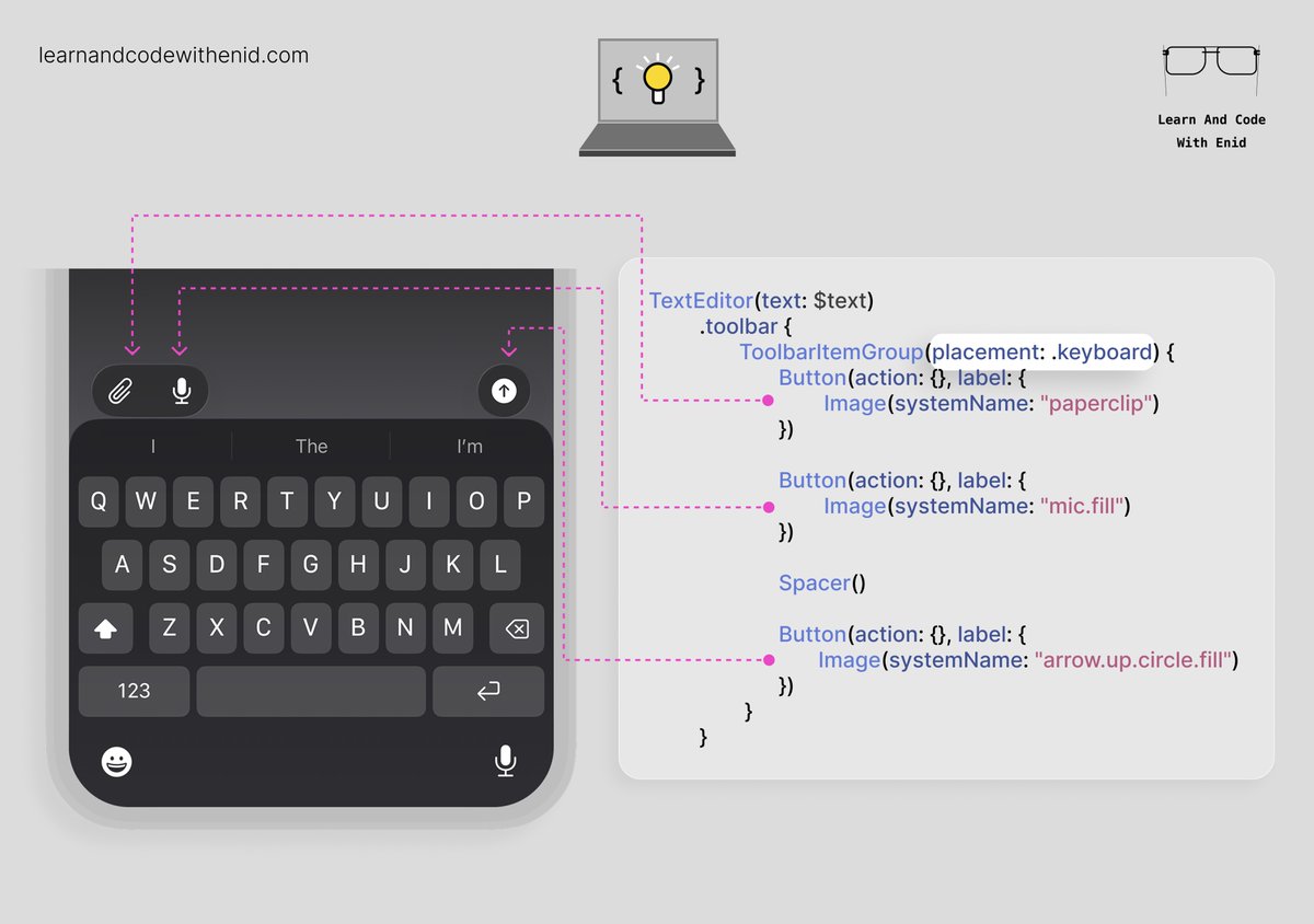 ios_dev_alb's tweet image. SwiftUI Tip 💡

You can place a toolbar with items above the keyboard by using the .keyboard placement.

Perfect for AI chat apps, note-taking apps, and any interface with quick actions while typing.

→ learnandcodewithenid.com