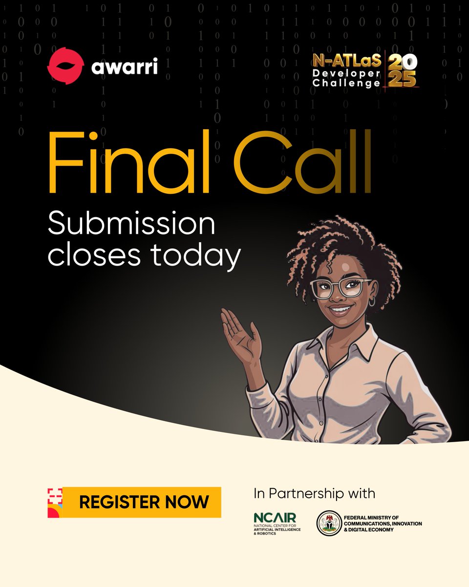 Final Call!

Idea submissions for the Awarri Developer Challenge close tonight at 11:59 PM.
Submit now to qualify for the build phase!

awarri.com/developer-chal…

#AwarriAI #AfricanAI #NATLaS #devchallenge