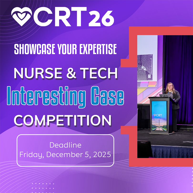 CRT_meeting's tweet image. Hey #nurses and #technologists! #CRT2026 has the perfect opportunity for you to showcase your interesting #cardiology cases. Submit your #science to our #Nurse &amp;amp; Tech Interesting Cases Competition for a chance to WIN ⭐ go to CRTmeeting.org by December 5 to sign up!