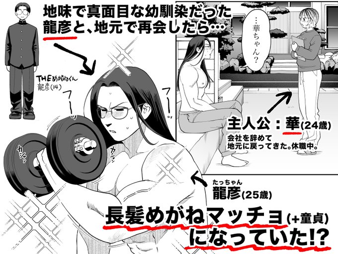 長髪めがねマッチョな幼馴染とのえちえち月間〜田舎で童貞もらいました〜 12月5日発売 pixivでサンプル・冒頭6Pが読めますわよ