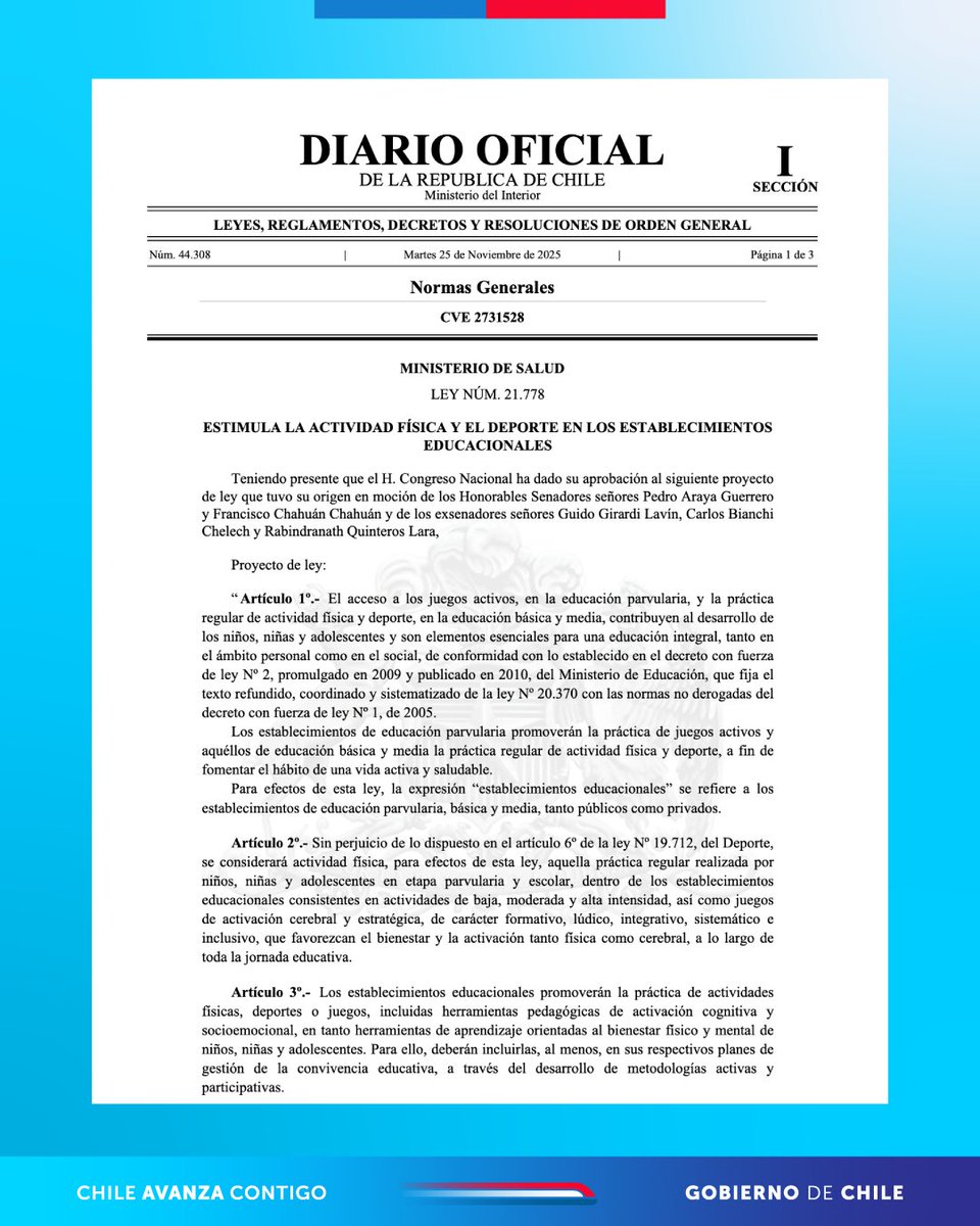¡Un gran avance para la promoción de la vida sana de niñas, niños y adolescentes 🤸🏻! Ya está publicada en el <a href="/DiarioOficialCL/">Diario Oficial</a> , la Ley 21.778 que promueve la actividad física y deporte en establecimientos educacionales.

La iniciativa tiene como objetivo incentivar el movimiento,