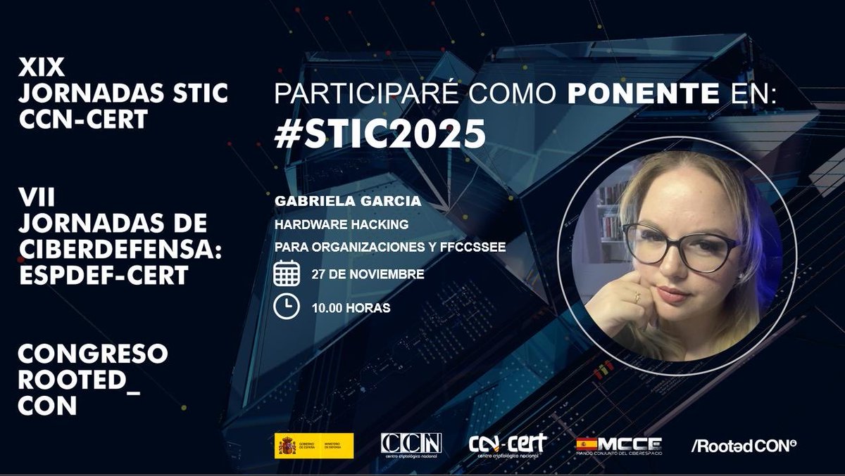 constrainterror's tweet image. El jueves Hardware Hacking con mi binomio @TaiksonTexas en las #STIC2025 
Traemos todo lo que te gusta 
Powered by @rootedcon