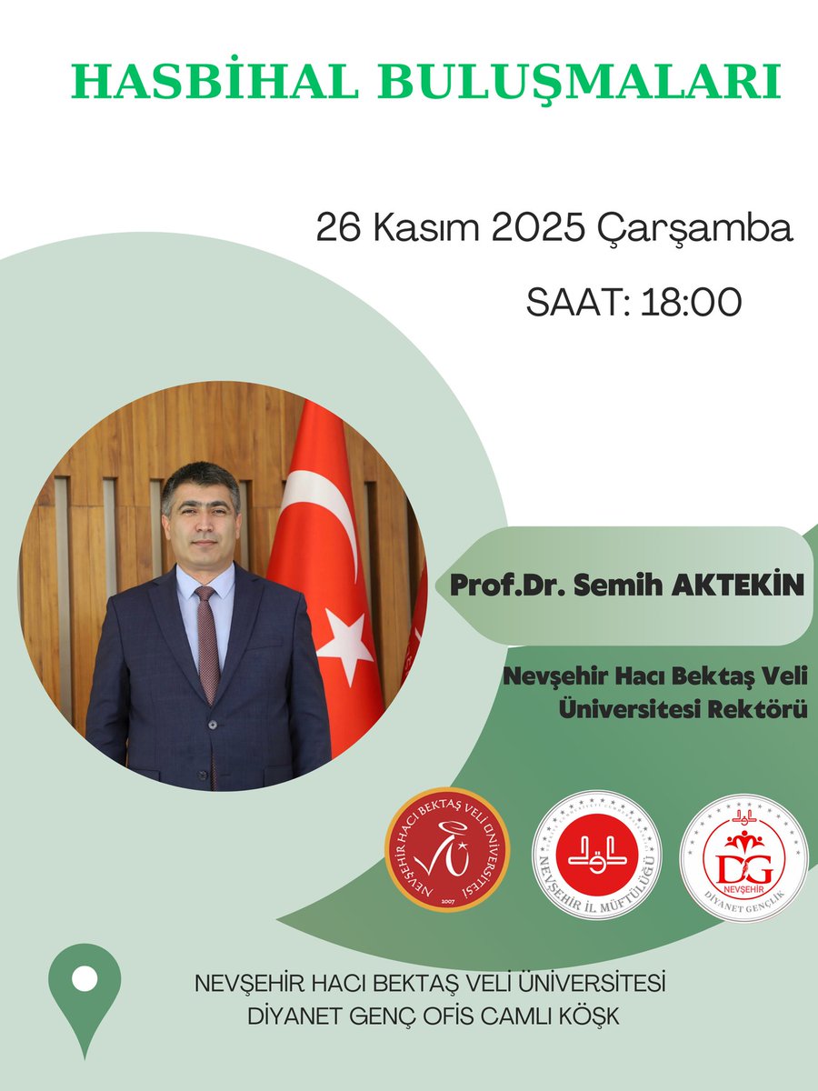 Nevşehir Hacı Bektaş Veli Üniversitesi Rektörü Sayın Prof.Dr. Semih AKTEKİN Nevşehir Hacı Bektaş Veli Üniversitesi (#NEVÜ) öğrencileriyle Genç Ofis Camlı Köşkte ‘Hasbihal ' programında bir araya gelecek.
📆  26 Kasım 2025 Çarşamba
⏱️18:00
📍 Genç Ofis- Camlı Köşk 
<a href="/nevukurumsal/">Nevşehir Hacı Bektaş Veli Üniversitesi</a>