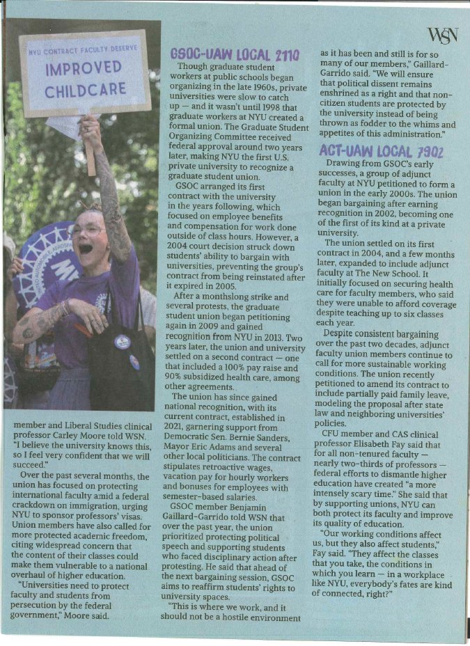 Thanks to <a href="/nyunews/">Washington Square News</a> for telling the story of <a href="/nyuniversity/">New York University</a>'s academic labor movement in its magazine print edition. It's especially meaningful as we mark the 20th anniversary of the start of the big <a href="/GSOCUAW/">NYU GSOC|UAW</a> strike this month.