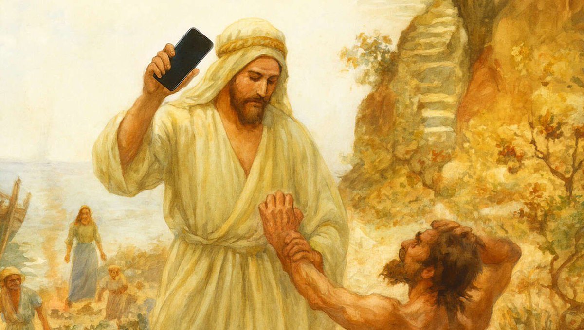 _teeflow's tweet image. Jesus Heals Demon-Possessed Man By Taking Away His Smartphone
