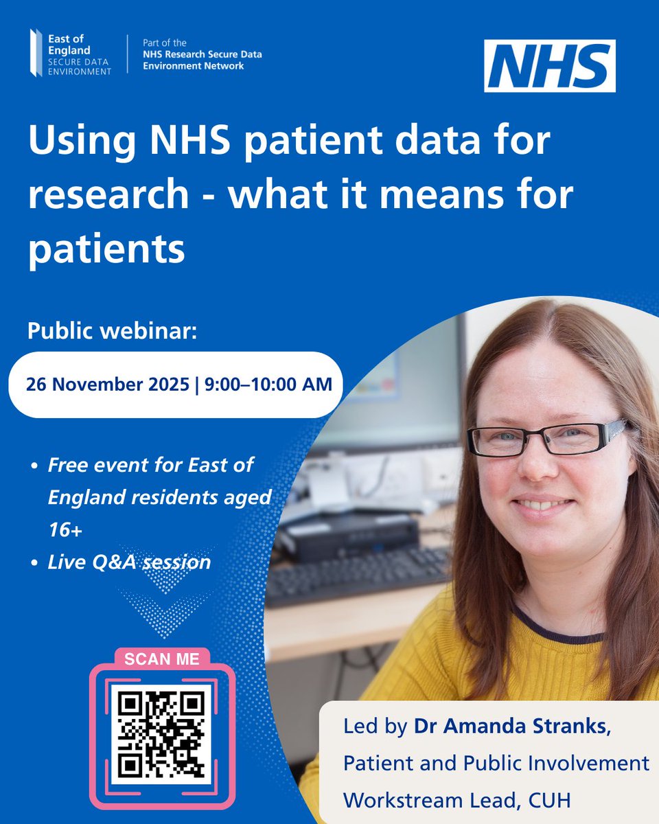 EoE_SDE's tweet image. Few hours left to join the free East of England webinar tomorrow morning at 9 am- Using NHS Patient Data for Research- What It Means for Patients. Amanda Stranks @StranksA, Patient and Public Involvement Workstream Lead, @CUH_NHS will lead the #webinar. shorturl.at/G2HhK