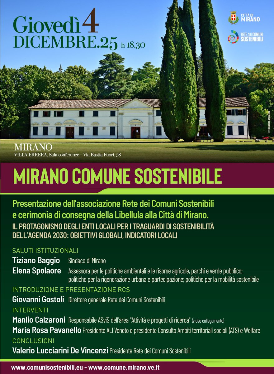Il Comune di Mirano ha aderito alla Rete dei Comuni Sostenibili! 
Benvenuti al Tiziano Baggio Sindaco, all’amministrazione comunale e all’intera comunità locale. 

#comunisostenibili #mirano #veneto #Agenda2030