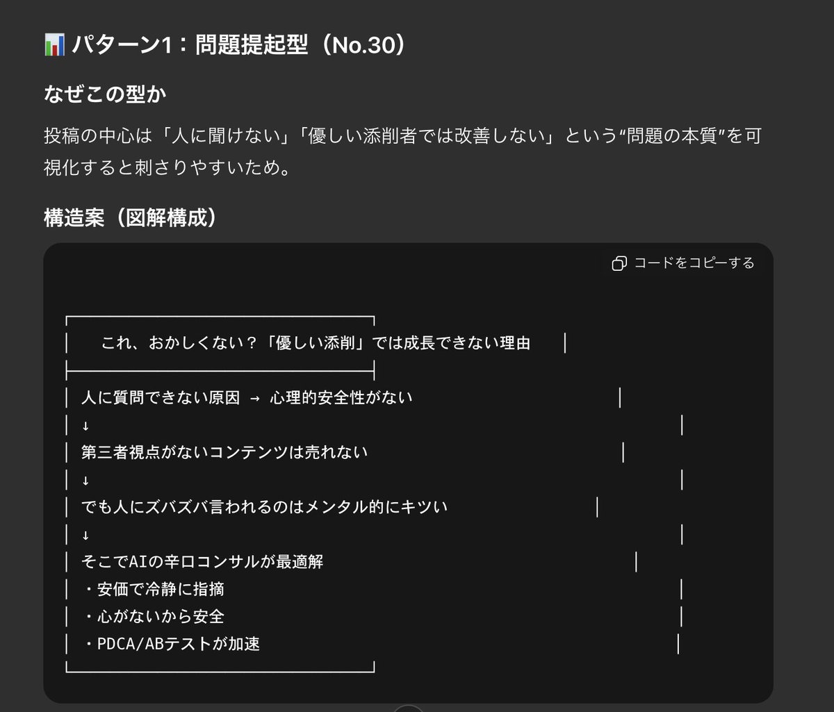 miyabi_foxx's tweet photo. 【AIで時代変わりすぎ案件】
※11月27日まで無料配布します

Xで適当に呟いたポスト全文コピペ入力すると「SNSでバズった図解型30選」の中からNano Banana Pro専用最適図解プロンプトを一発だししてくれるGPTsを作ってみました。

カテゴリA｜比較・対比系
1. VS比較型 - A vs Bを左右に並べる（例：成功する人vs失敗する人）
2. Before/After型 - 変化前→変化後を時系列で（例：ダイエット前後）
3. ○×比較型 - 良い例/悪い例を○×で対比（例：メール文面○×）
4. 2軸マトリクス型 - 縦軸×横軸で4象限に分類（例：緊急度×重要度）
5. スペック比較表型 - 複数項目を表形式で比較（例：ツール比較）

カテゴリB｜リスト・ランキング系
6. ○○選型 - 「7選」「10選」など数字で列挙（例：神アプリ10選）
7. ランキング型 - 1位→2位→3位と順位付け（例：おすすめランキング）
8. チェックリスト型 - □チェックボックス形式（例：転職前チェックリスト）
9. 段階レベル型 - Lv.1→Lv.2→Lv.3と成長段階（例：スキルレベル）
10. タイプ分類型 - 「あなたはどのタイプ？」形式（例：リーダーシップ4タイプ）

カテゴリC｜プロセス・フロー系
11. ステップ型 - STEP1→STEP2→STEP3の横フロー（例：手順説明）
12. 縦フロー型 - 上→下へ流れるフローチャート（例：意思決定フロー）
13. サイクル型 - 円形に要素を配置し矢印で循環（例：PDCAサイクル）
14. タイムライン型 - 時間軸に沿って出来事を配置（例：1日のルーティン）
15. 因果関係型 - 原因→結果を矢印で接続（例：問題の構造化）

カテゴリD｜構造・階層系
16. ピラミッド型 - 頂点から底辺へ階層を示す（例：マズローの欲求）
17. 階層ツリー型 - 親→子→孫と分岐する樹形図（例：カテゴリ分類）
18. 同心円型 - 中心から外側へ層を重ねる（例：影響力の輪）
19. ベン図型 - 複数の円が重なる部分を強調（例：共通点の可視化）
20. マインドマップ型 - 中心から放射状に展開（例：アイデア整理）

カテゴリE｜データ・数字系
21. 数字強調型 - 大きな数字をドーンと配置（例：○%が知らない）
22. 円グラフ型 - 割合を円で視覚化（例：時間の使い方）
23. 棒グラフ比較型 - 棒の長さで量を比較（例：年代別比較）
24. アイコン統計型 - 人型アイコンで割合を表現（例：10人中7人が）
25. 推移グラフ型 - 折れ線グラフで時間変化（例：成長トレンド）

カテゴリF｜ストーリー・感情系
26. ギャップ構文型 - 「思ってた」→「実は」の意外性（例：年収の現実）
27. あるある共感型 - 「○○にありがちなこと」（例：新人あるある）
28. 名言・格言型 - 印象的な一言をデザイン化（例：偉人の名言）
29. 物語構造型 - 起承転結を4コマ的に展開（例：成功物語）
30. 問題提起型 - 「これ、おかしくない？」と投げかけ（例：社会の矛盾）

これ使うとなんとなく呟いたポストをそのまま図解にできるので、もう文章→図解までのハードルはほぼ0になります。図解構成も自動提案してくれるので使い勝手よく仕上げました。

欲しい方は11月27日までに、
リプに「コピペ」の3文字を送ってください。