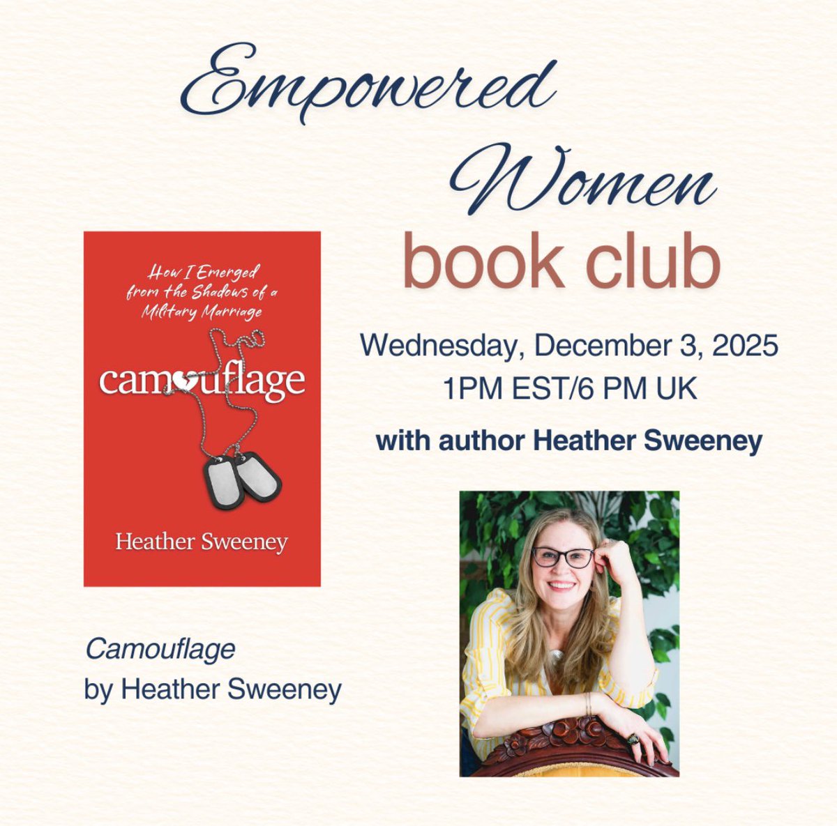WriterSweeney's tweet photo. What are you doing on Dec. 3 at 1pm ET? Join me and the Empowered Women Book Club! I’ll be chatting about my memoir CAMOUFLAGE and answering any questions you might have. Contact @JoelleTamraz to join. Hope to see you there! https://t.co/8OkQW1Qy5Z