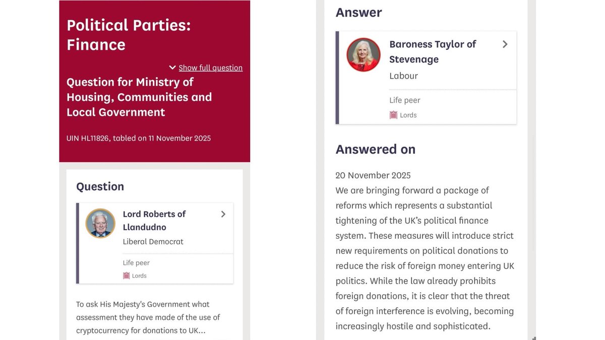 Brit_blockchain's tweet image. 📍Government to Tighten Political Donations Rules, including #Crypto Contributions

🎤 Responding to questions from Rt Hon Lord Roberts of Llandudno in the @UKHouseofLords regarding Party Political Finance rules, Treasury Minister Rt Hon Baroness @SharonStevenage of Stevenage…