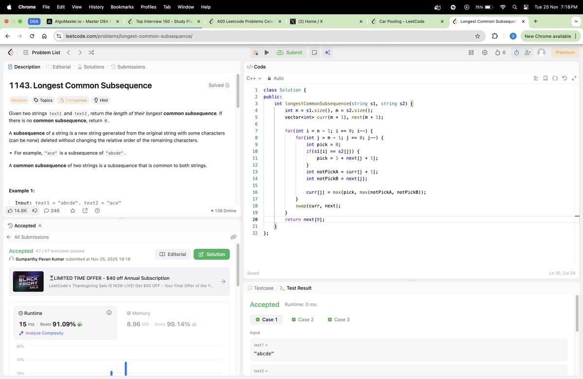 thehungertocode's tweet image. Hello Everyone 👋

Completed #Day694 of the #codeeveryday challenge.

Solved: Longest Common Subsequence

✅ T.C: O(n * m)
✅ S.C: O(m)

#consistencyiskey #buildinpublic #developer #Engineering #LeetCode