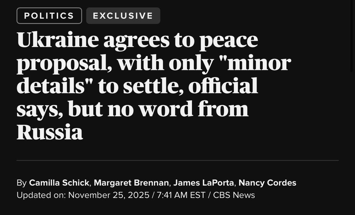 IntelNet's tweet image. BREAKING: CBS News says Ukraine has largely accepted Washington’s peace plan, with only minor points left. Officials say Kyiv now shares a common understanding of the terms, and Zelensky may travel to Washington soon to finalize the deal