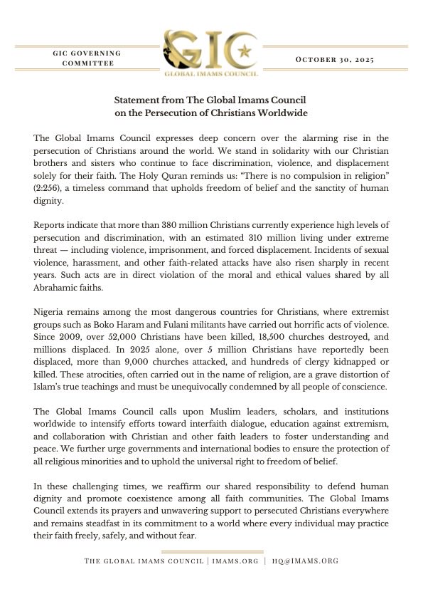 🕌 The Global Imams Council (GIC) has published a Statement against the Persecution of Christians which we reproduce here: iirf.global/?p=6650