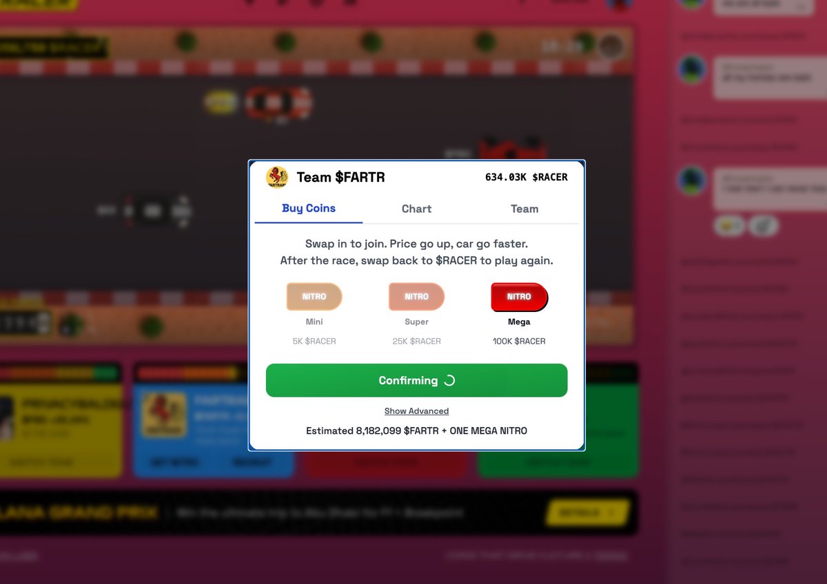 핵심 메커니즘 중 하나는 니트로를 구매하는 것입니다. 레이서의 모든 팀 코인은 SOL이 아닌 $RACER와 쌍으로 연결됩니다. 레이스에 참가하기 전에 $RACER를 구매한 다음 팀 코인으로 교환합니다.
$FERR