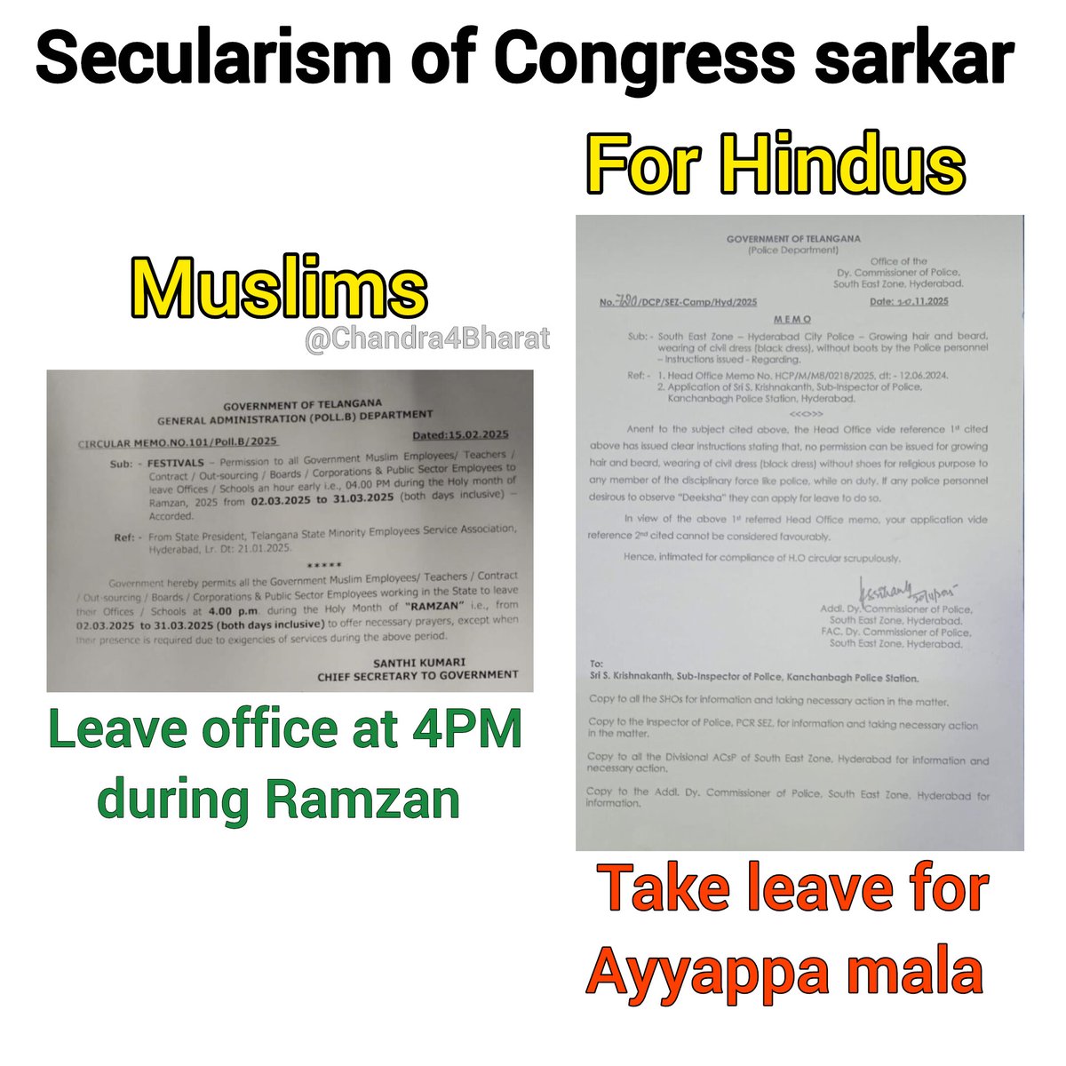 Chandra4Bharat's tweet image. Secularism of Congress sarkar in a nutshell.!!🤷🏻

Revanth Reddy&apos;s govt has allowed all the Muslim employees to leave offices at 4PM during Ramzan month.

While Hindu police officials are ordered to take leave to observe Ayyappa deeksha for 41 days.!!