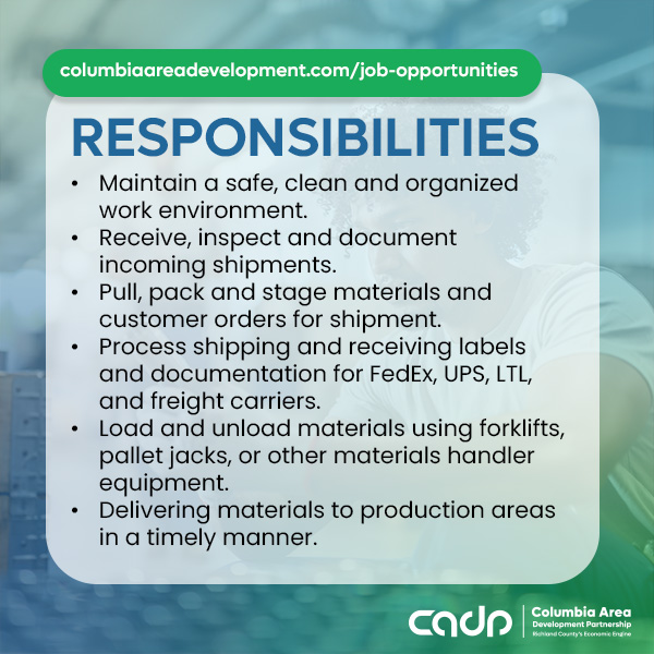 CADP_SC's tweet image. JOB FEATURE: Are you starting out in your shipping career? Wabtec is hiring for a Shipping &amp;amp; Receiving Laborer. Diploma/GED or degree/certif and 1+ yr experience desired.

details ➡ columbiaareadevelopment.com/job-opportunit…

#CADPSC #economicengine #careers #ColumbiaSCregion #RichlandSC