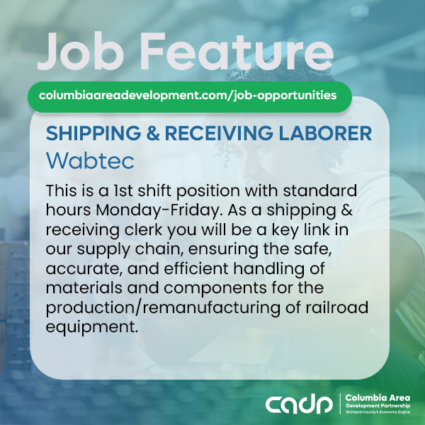 CADP_SC's tweet image. JOB FEATURE: Are you starting out in your shipping career? Wabtec is hiring for a Shipping &amp;amp; Receiving Laborer. Diploma/GED or degree/certif and 1+ yr experience desired.

details ➡ columbiaareadevelopment.com/job-opportunit…

#CADPSC #economicengine #careers #ColumbiaSCregion #RichlandSC