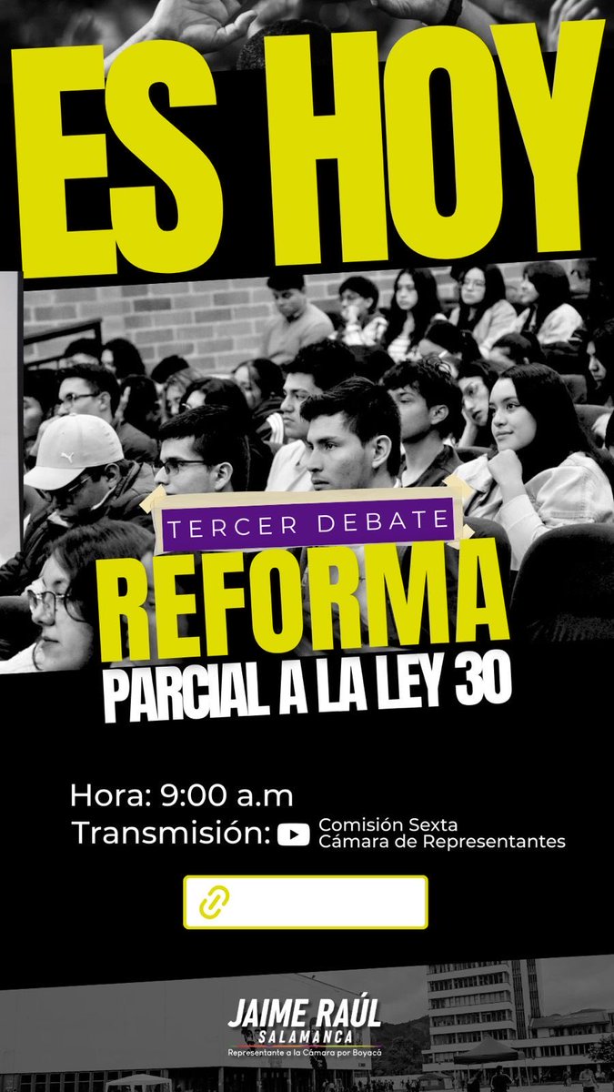*¡Es hoy, es hoy!*

Hoy se resumen décadas de lucha, hoy inicia la verdadera transformación de la Educación Superior en Colombia 💪🏼

Aprobar en tercer debate es el primer gran paso para saldar esta deuda histórica que tenemos con nuestros jóvenes. 

Como siempre lo hemos dicho,