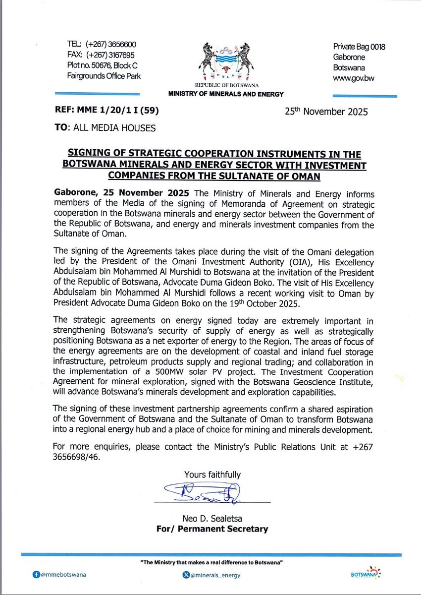 Ministry of Minerals and Energy informs members of the Media of the signing of Memoranda of Agreement on cooperation in the minerals and energy sector between the Government of the Republic of Botswana and energy and minerals investment companies from the Sultanate of Oman.