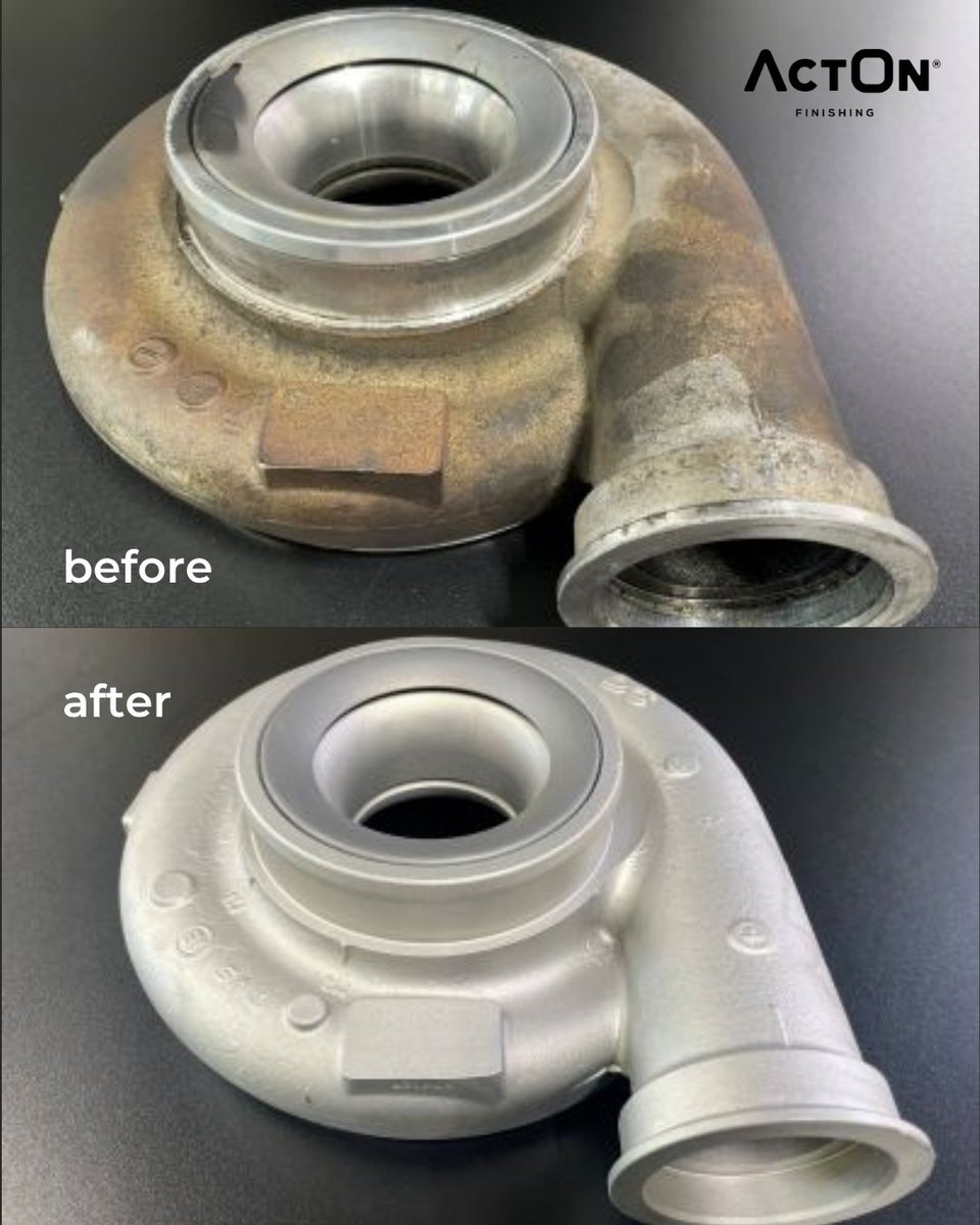This automotive turbo was cleaned &amp; restored using our ET 6650 Overhead Conveyor #WetBlasting System 👉 removing rust and oxidation to achieve a smooth, uniform finish. 🏎️💫 Let’s discuss how we can support your #surfacefinishing projects! 📲 Email us: sales@acton-finishing.co.uk