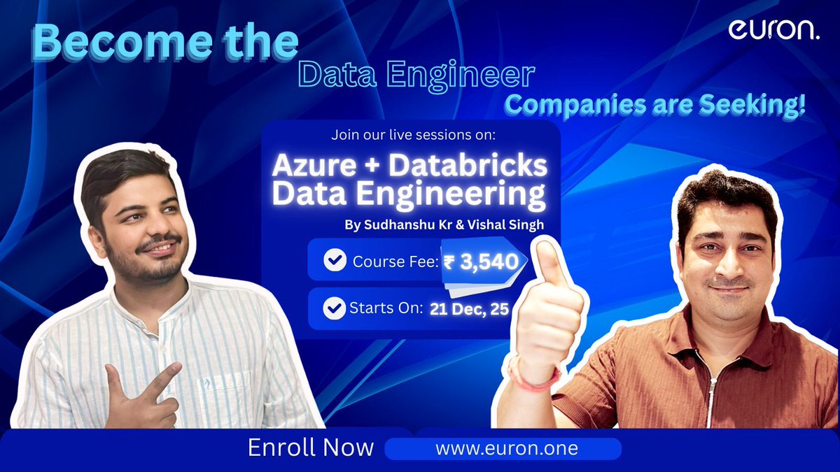09sudhanshukuma's tweet image. Become the Data Engineer companies are seeking!

Ready for a career change? 
Dive into data engineering with our hands-on training! Enroll today! 
euron.one/course/azure-d… 

#LearnAzure #TechCareers