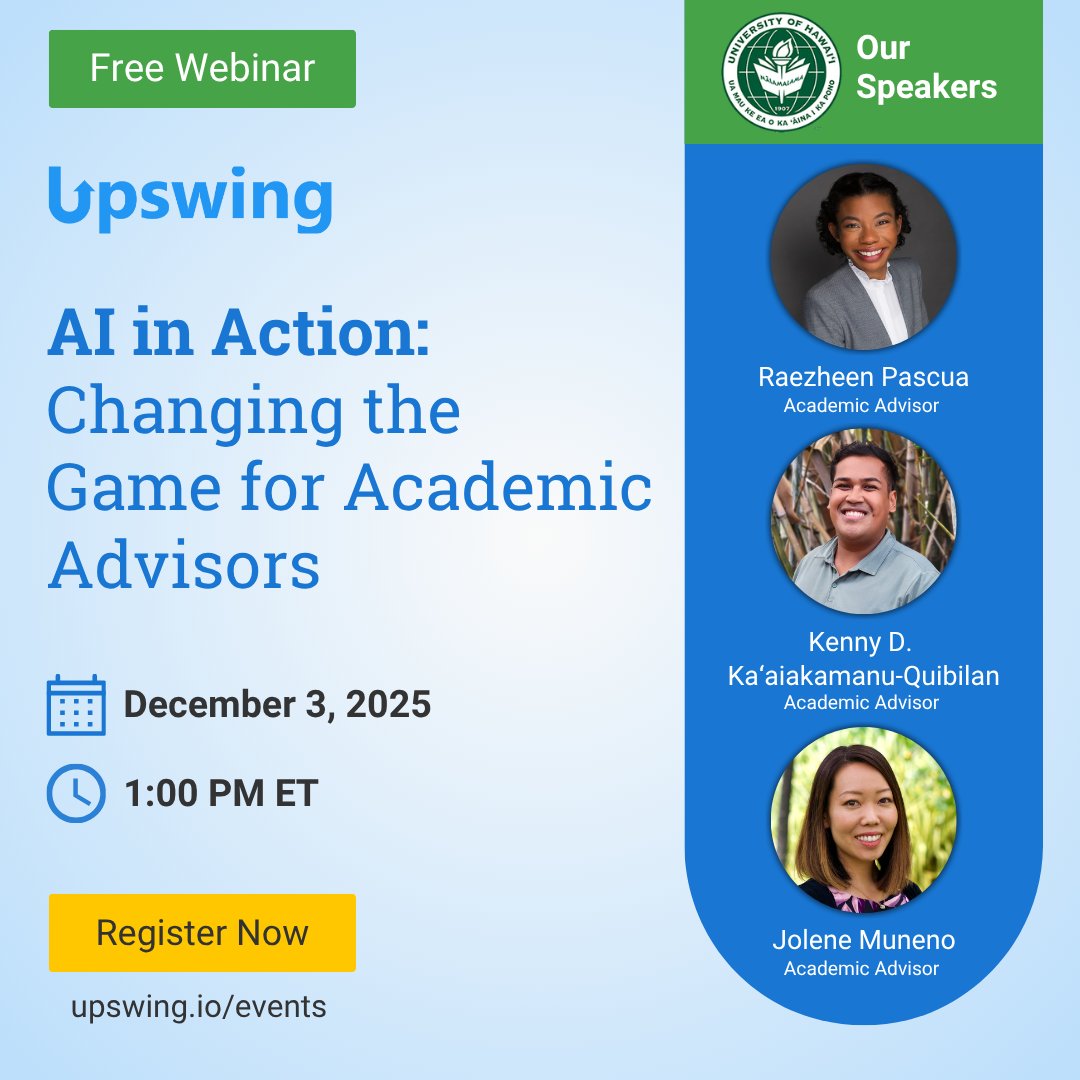How can higher ed use AI responsibly?  Join #Upswing + Academic Advisors <a href="/uhmanoa/">University of Hawaii at Manoa</a> on Dec 3 @ 1 PM ET to explore ethics, creativity, and connection in AI adoption. Register:hubs.ly/Q03Tlhg60
#HigherEd