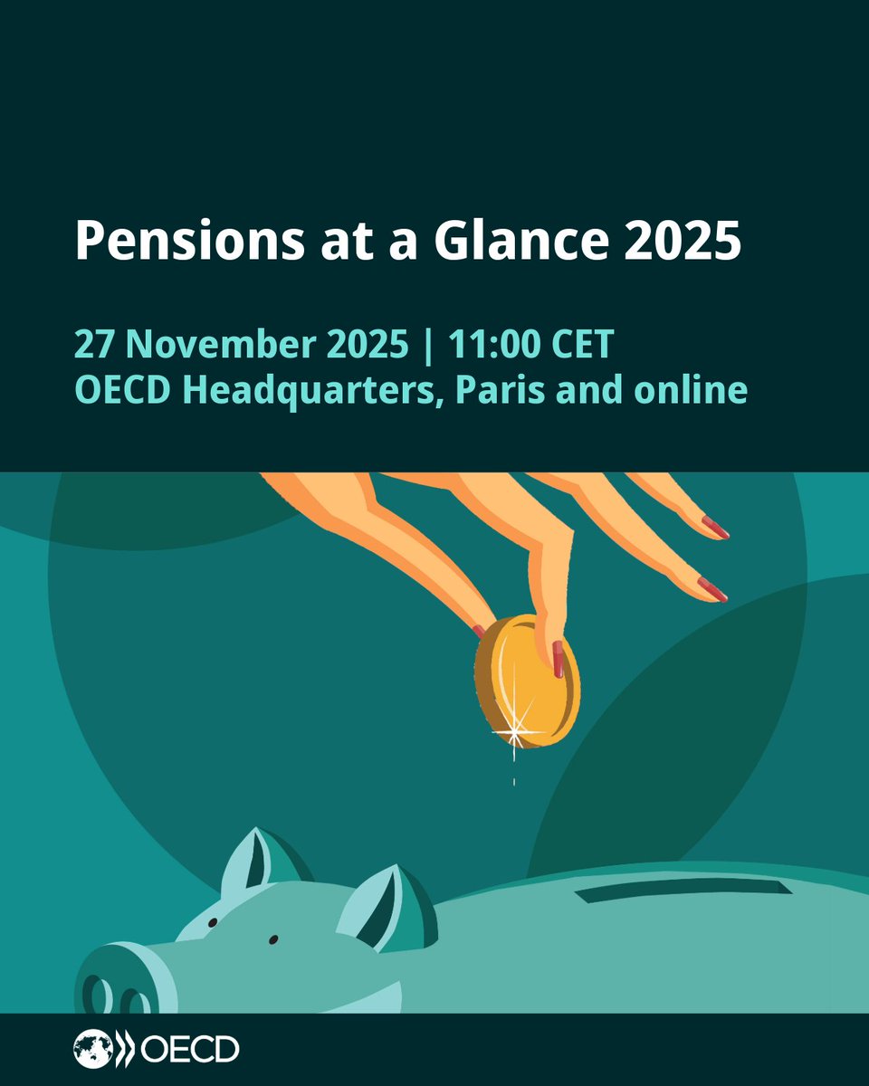 OECD_Social's tweet image. Coming soon! 🆕 cross-country analysis on #Pensions will highlight:

- Pension reforms
- Recent demographic trends
- Ageing projections
- #Gender pension gaps

Don’t miss OECD’s Pensions at a Glance 2025.
🗓️ 27 Nov, 11:00 CET
🔗 bit.ly/48cePrq