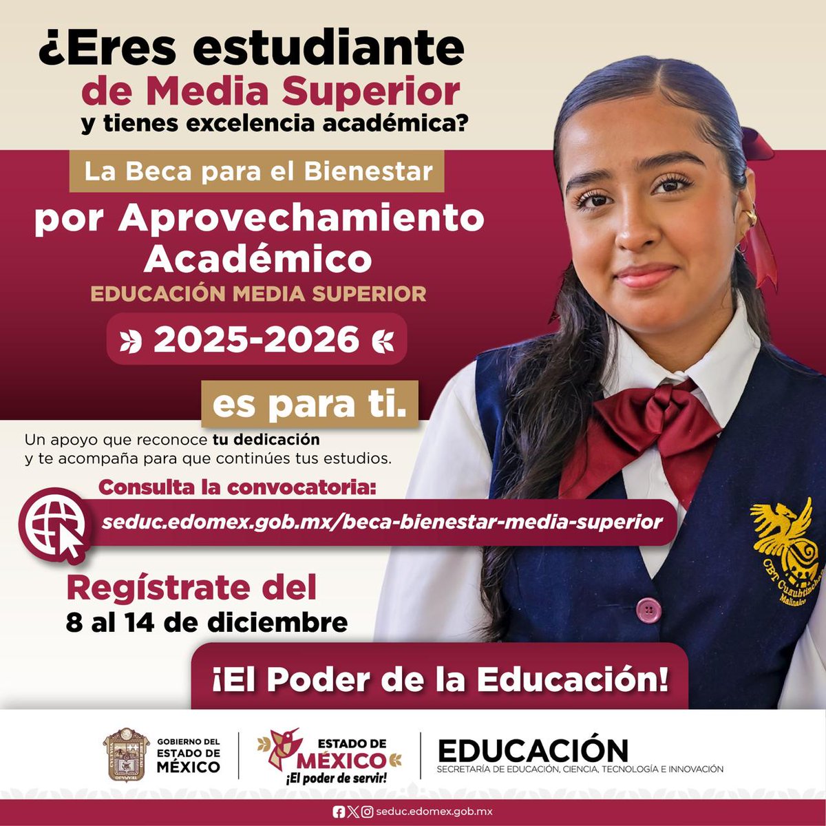 CecytemCuautit's tweet photo. ¿Estudias a nivel #MediaSuperior en el #EstadoDeMéxico y tienes promedio 9.5 o más?
Ingresa a https://t.co/peiRbKBjjj y solicita tu #BecaBienestar.

🗓️Tienes hasta el 14 de diciembre para registrarte.
¡No esperes al último día!
@SeducEdoMex 
@SEMSedomex https://t.co/Sjw8exBUPw