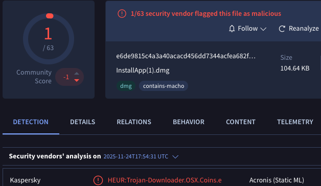 L0Psec's tweet image. More MacSync, thanks @malwrhunterteam :) e6de9815c4a3a40acacd456dd7344acfea682f6bc6e72e02ee33cbc6e36de6b2 - DMG, 
Currently only 1 hit on VT, reaches out to C2 and downloads/executes osascript as we&apos;ve come to expect from these. 
let&apos;s dive in 🧵