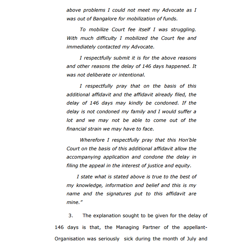 _shrayanshsingh's tweet image. How to NOT draft your Application for Condonation of Delay, Exhibit 1 -

The Appellant sought condonation of 146 days of delay in filing this Commercial Appeal

Can you tell what&apos;s wrong with the Affidavit quoted in the image below?