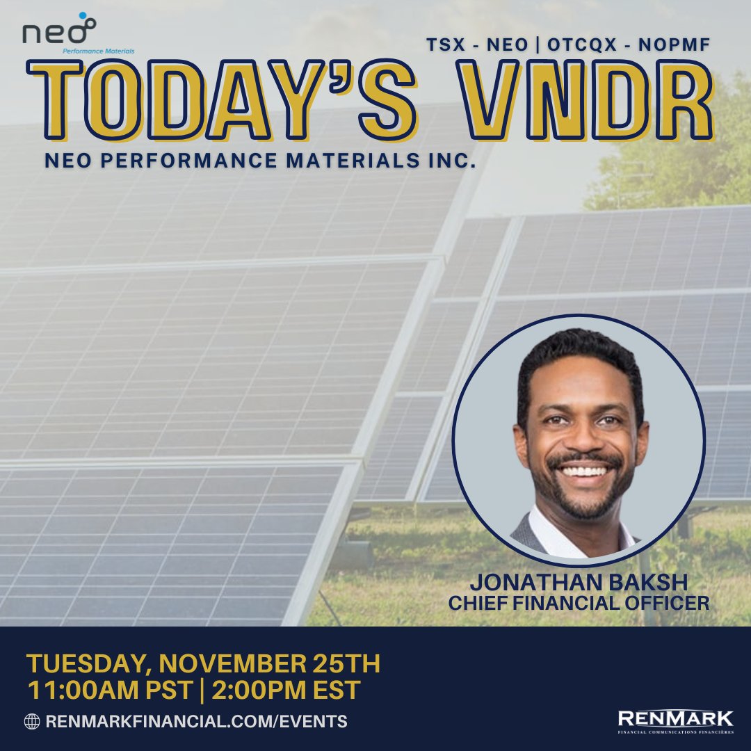 Powering EVs, automation &amp; renewables ⚡

<a href="/neo_materials/">Neo Materials</a> (TSX: NEO | OTCQX: NOPMF) creates the advanced materials and magnets that keep modern tech moving.

📅 Nov 25 | 🕚 11AM PST / 2PM EST
🔗 ow.ly/H5Rr50Xq9uK

#NeoPerformanceMaterials #CleanTech #Magnets #RenmarkVNDR