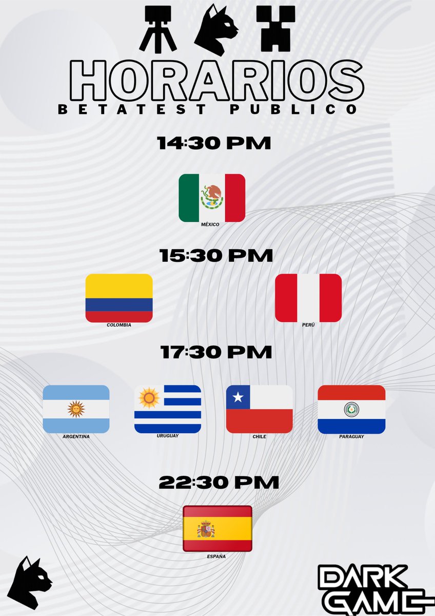 Aqui tenemos los horarios de nuestro primer BETATEST de dark games!

7 de diciembre 

a continuación los horarios...

(es con premio, como Minecraft premium y demas)