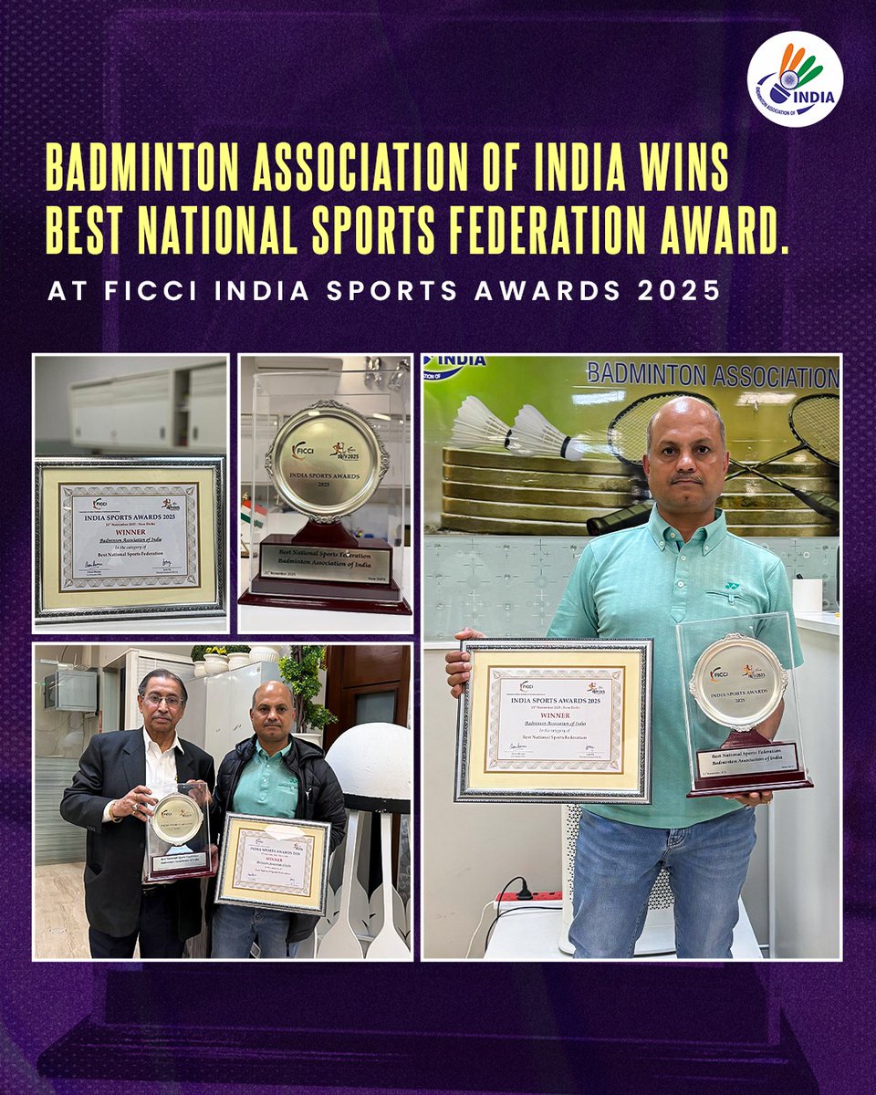 BAI_Media's tweet image. Well-Deserved Honour! 🇮🇳❤️🙏

The Badminton Association of India (BAI) has been recognized as the Best National Sports Federation at the prestigious FICCI India Sports Awards 2025.