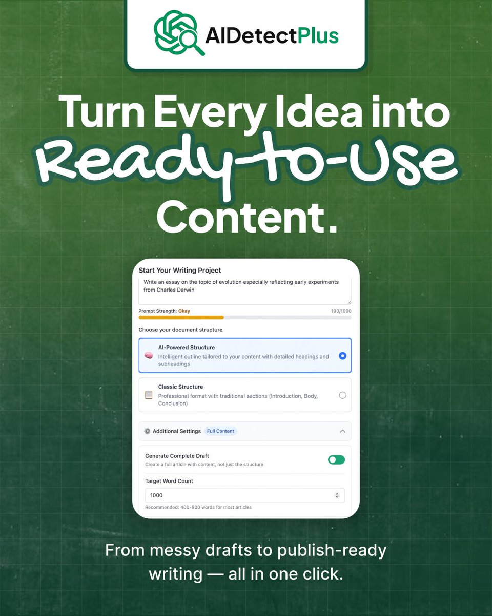 RocketHub's tweet image. 📝 Turn ideas into ready-to-use content instantly.
AIDetectPlus transforms messy drafts into clean, structured writing in one click. 💡

Create polished content today.

#aidetectplus #contentcreator #aiwritingtools #saasdeals #rockethub