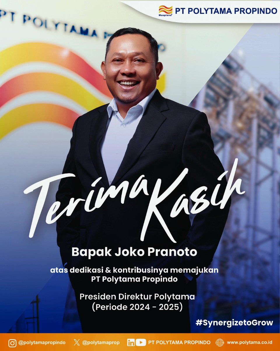 polytamaprop's tweet photo. Terima kasih Bapak Joko Pranoto atas dedikasi dan kontribusi terbaik yang telah diberikan selama mengemban amanah di Polytama. 

Semoga amanah baru membawa dampak positif yang semakin memperkuat sinergi untuk kemajuan industri petrokimia nasional.

Polytama,
#SynergizetoGrow https://t.co/IpeBsDcVkp