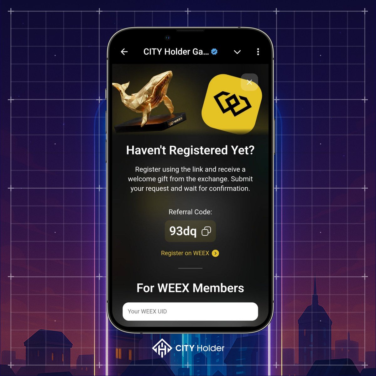 🐋 Build into the deep. Get +555,555 coins/hour from the Golden Whale WEEX.

Waves come and go, but the Whale stays. 🫡

PLAY: t.me/cityholder/gam…