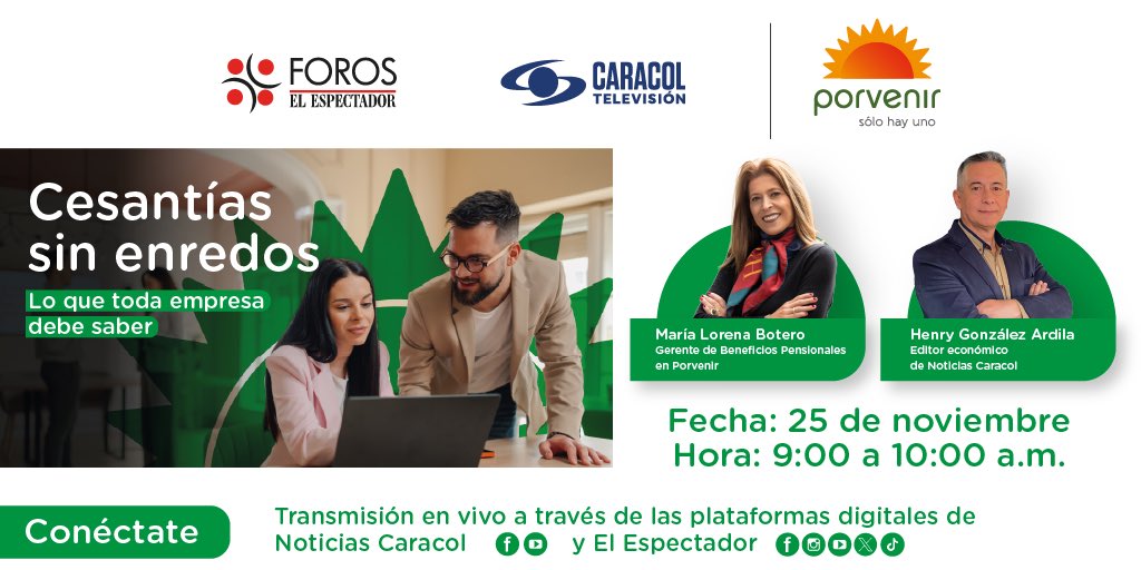 Estamos en vivo para hablar de cesantías con María Lorena Botero, vicepresidente de Clientes y Operaciones en Porvenir, y Henry González Ardila, editor económico de Noticias Caracol

Conéctate: facebook.com/share/v/1EiyJF…