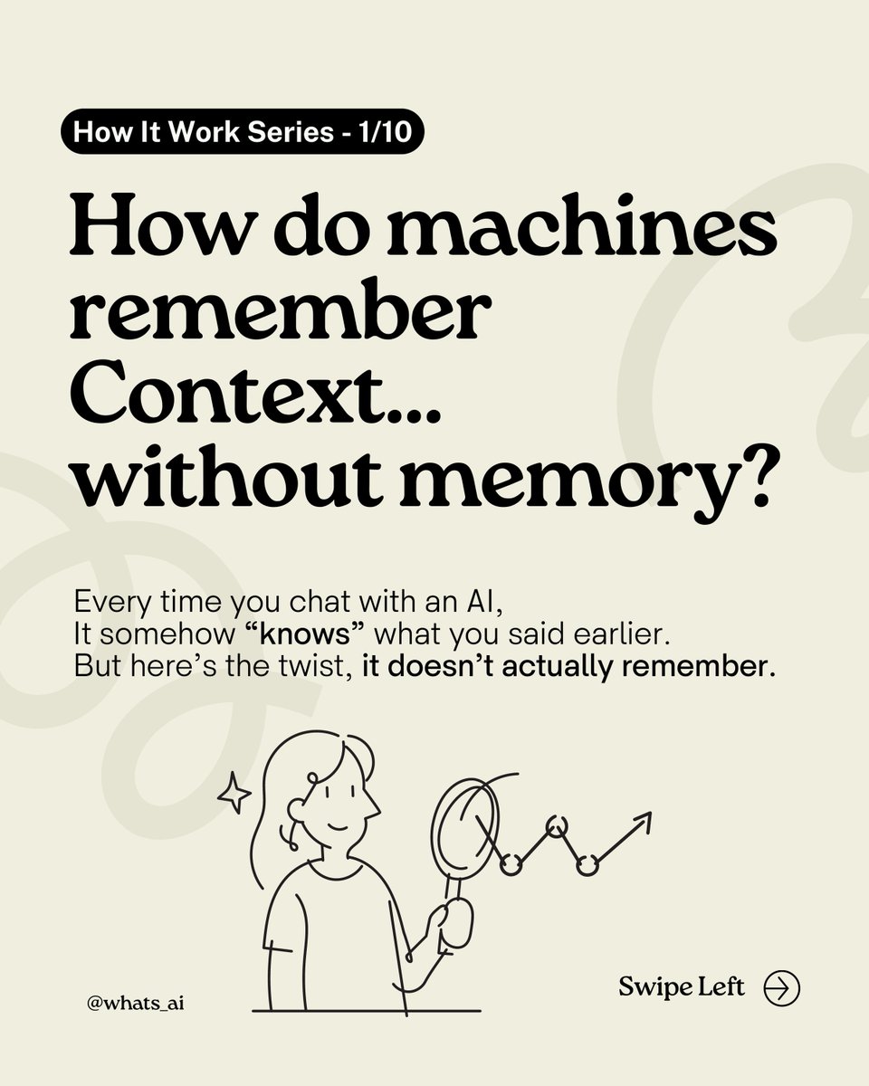 Whats_AI's tweet image. Ever wondered how AI “remembers” your question… without having memory? 🤔

Every time you chat with an LLM, it somehow knows what you said before.
But here’s the secret:

It doesn’t remember your words.
It understands meaning through something called embeddings.

Embeddings are…