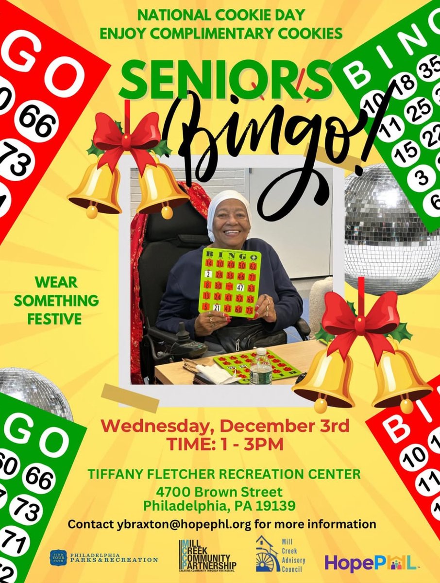 hope_phl's tweet image. Seniors, let’s celebrate National Cookie Day with festive fun! Join us for Bingo on Wednesday, December 3rd, from 1–3 PM at the Tiffany Fletcher Recreation Center. Enjoy complimentary cookies, prizes, and holiday cheer!
For more info: ybraxton@hopephl.org

#HopePHL #SeniorEvents