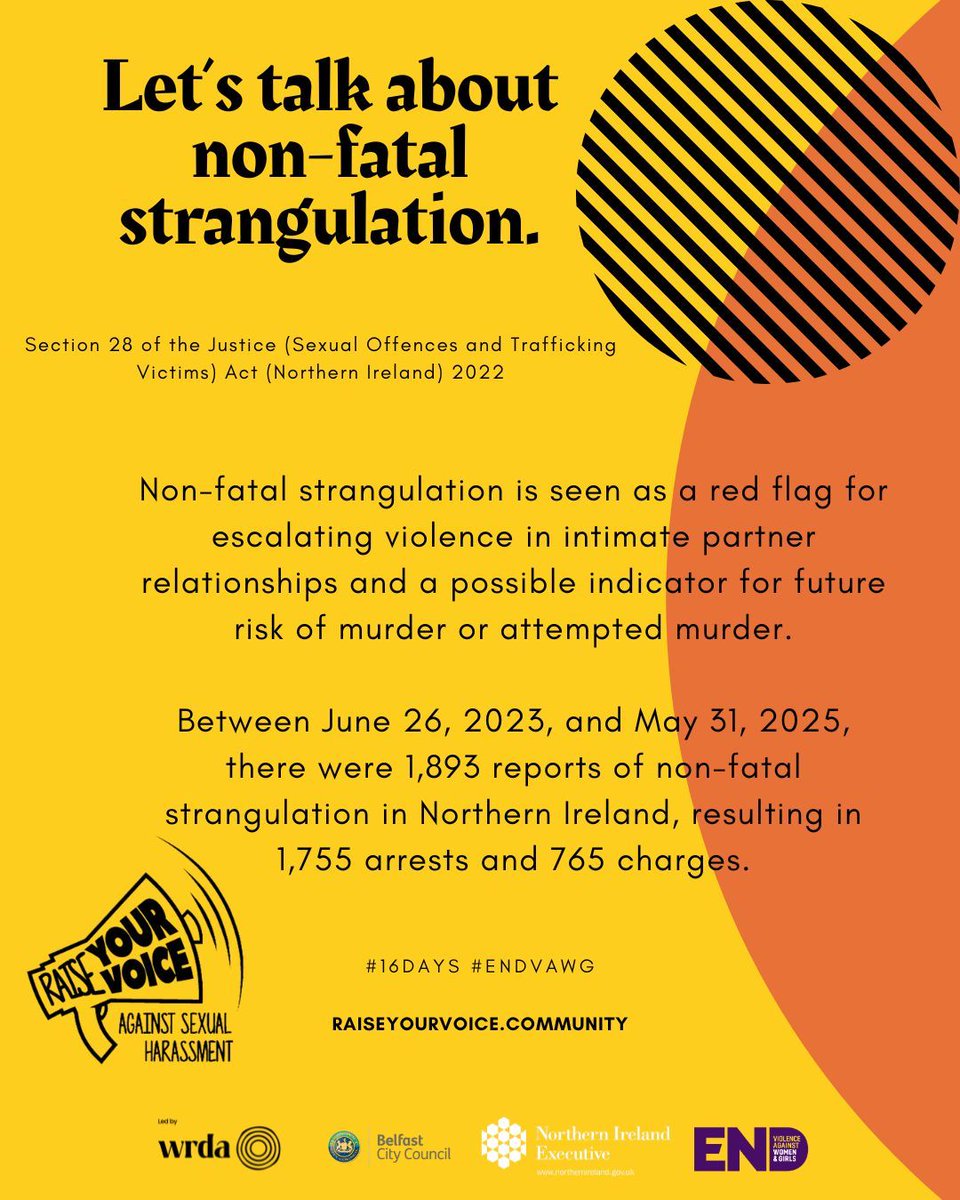 RaiseURVoiceNI's tweet photo. Let’s talk about non-fatal strangulation. 

Non-fatal strangulation is seen as a red flag for escalating violence in intimate partner relationships and a possible indicator for future risk of murder or attempted murder.

#16days #EndVAWG https://t.co/eq2eeAyJbw