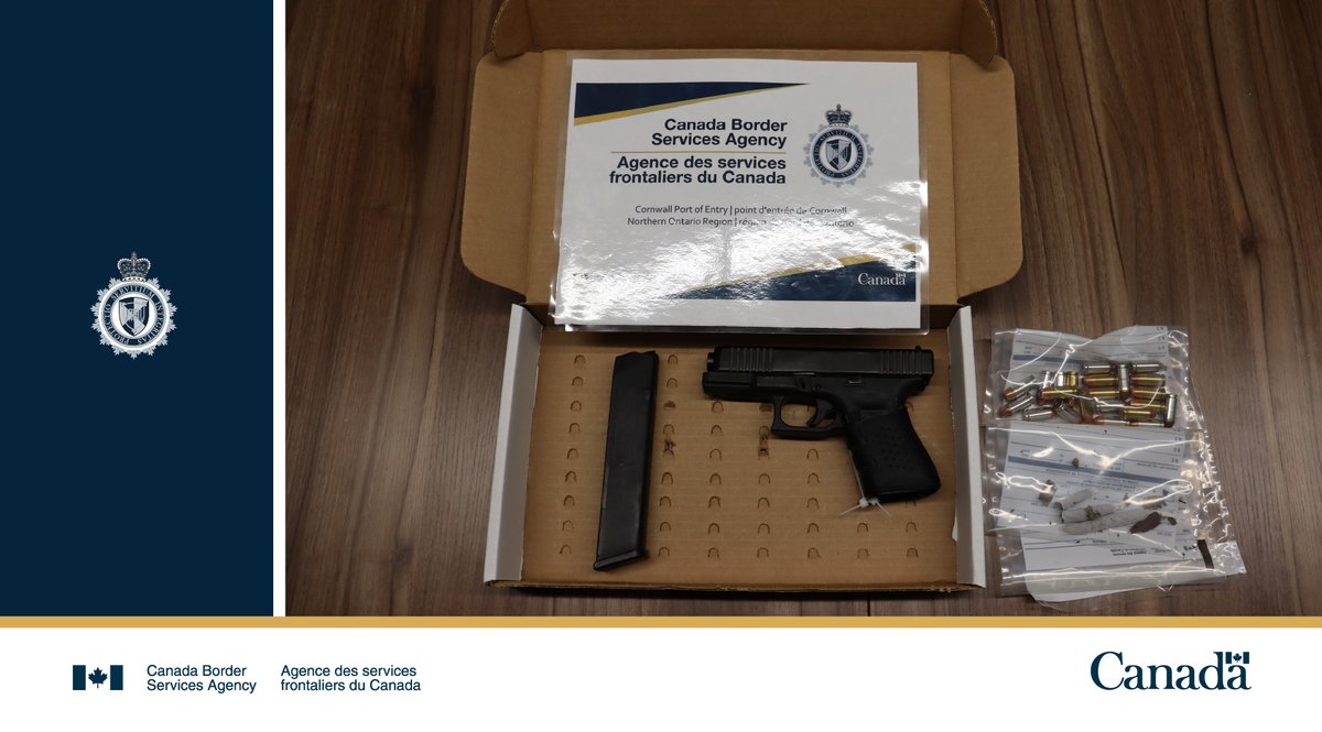 #CBSA officers at #Cornwall port of entry seized a firearm and other prohibited items hidden in a commercial truck. The 2 U.S. travellers were denied entry to Canada. Info on prohibited items: cbsa-asfc.gc.ca/import/iefw-ie…