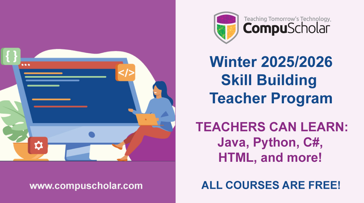 CompuScholar's tweet image. Our popular Skill Building 2025 Winter session is now open! Public/private/charter school #teachers can take any CompuScholar #ComputerScience class for FREE this winter to learn new #coding skills. #Java #Python #CSforAll #edtech #stem #k-12

Learn more: ow.ly/y8nA50Ohnro