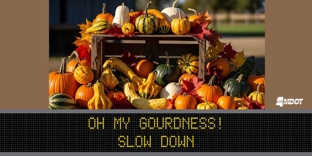 MississippiDOT's tweet photo. Hey, Speeder Speeder Pumpkin Eater! ๐ค There's no need to *yam* on the gas! ๐
Let's all agree to take that "slow roast" approach on MS roads this #Thanksgiving, yeah? Just drive easy and settle that speed down, y'all! ๐
#TurkeyDay #Gourd #Squash #SlowDown #DriveSmartMS https://t.co/vH27ozJ1gE