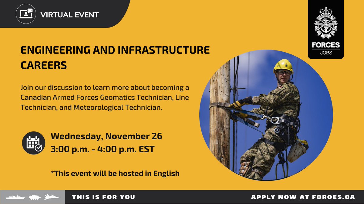 CanadianForces's tweet image. Join our  webinar to speak with recruiters and learn more about how you can become a CAF  Geomatics Technician, Line Technician, and Meteorological Technician: forces.ca/en/events/#/de…