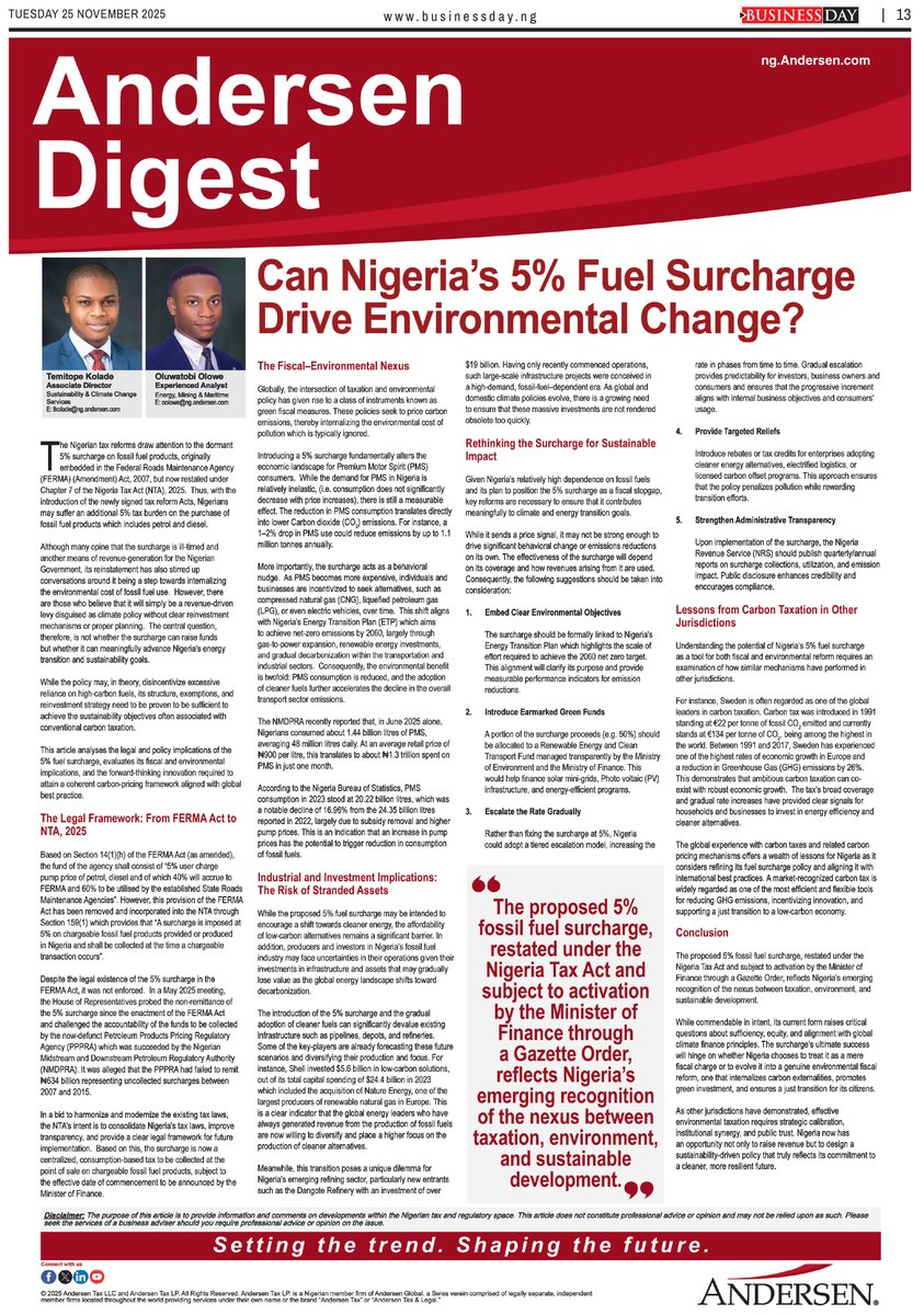AndersenNigeria's tweet image. New Article: “Can Nigeria’s 5% Fuel Surcharge Drive Environmental Change?” 
By Temitope Kolade &amp;amp; Oluwatobi Olowe.

A deep dive into how the new surcharge could shape Nigeria’s sustainability journey.

Read here ; ng.andersen.com/can-nigerias-5…
#EnvironmentalSustainability #Andersen