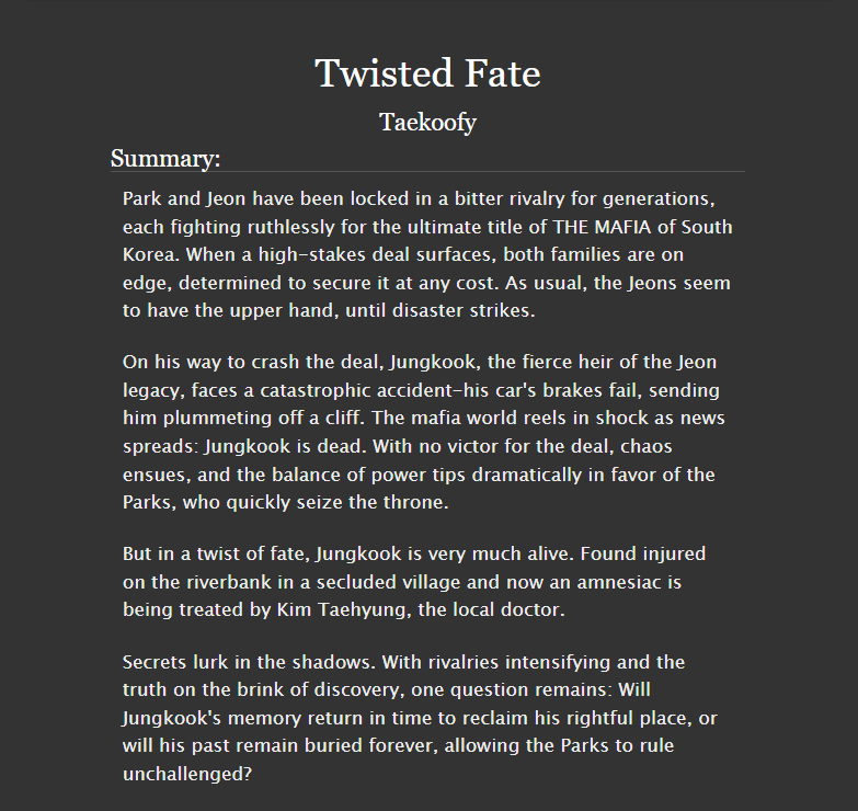 kookiefyy's tweet image. Twisted Fate; Chapter 1
#taekookau #taekook       

- 7k words   
- Mafia Dark theme Romance 
- Stranger to lovers/ Enemies to lovers
- Angst with a happy ending
- Mafia Boss Jungkook/ Doctor Jungkook
- Top Kook/Bottom Tae
- Memory loss
- Plot twists

🔗archiveofourown.org/works/74752821