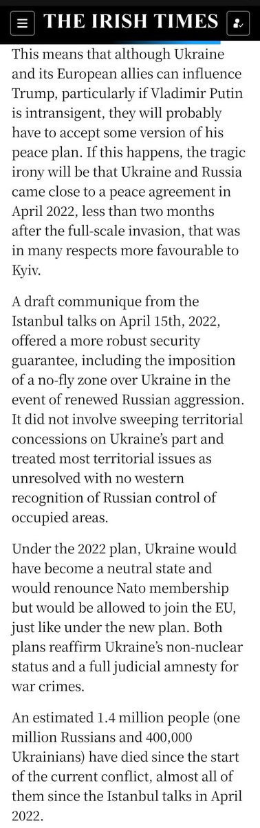 ClareDalyIRL's tweet image. Once upon a time, even mentioning the Istanbul talks would earn you years of harassment and smearing as a &quot;stooge.&quot; Now, after 4 years, with 1.4M dead and Ukraine destroyed, IT finally acknowledges this horrific war could have been ended, with better terms for Ukraine, in 2022.