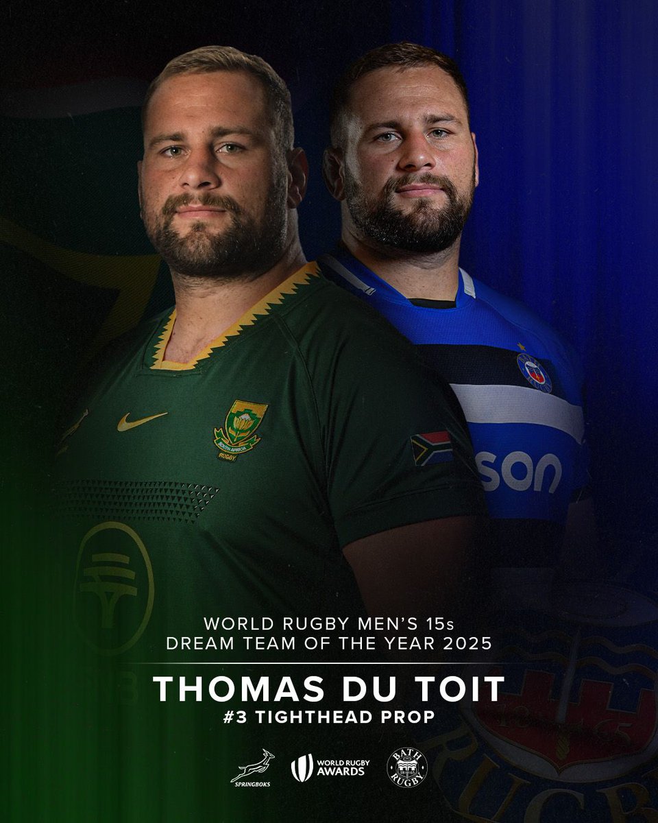 𝐁𝐞𝐬𝐭 𝐢𝐧 𝐜𝐥𝐚𝐬𝐬 🇿🇦3️⃣

Congratulations to Bath Rugby's Thomas du Toit who has been named in <a href="/WorldRugby/">World Rugby</a> Men's 15s Dream Team of the Year!

Selected at tight head prop, Thomas is amongst 6️⃣ Springboks to be included in this year's Dream Team. 

What a year this man has