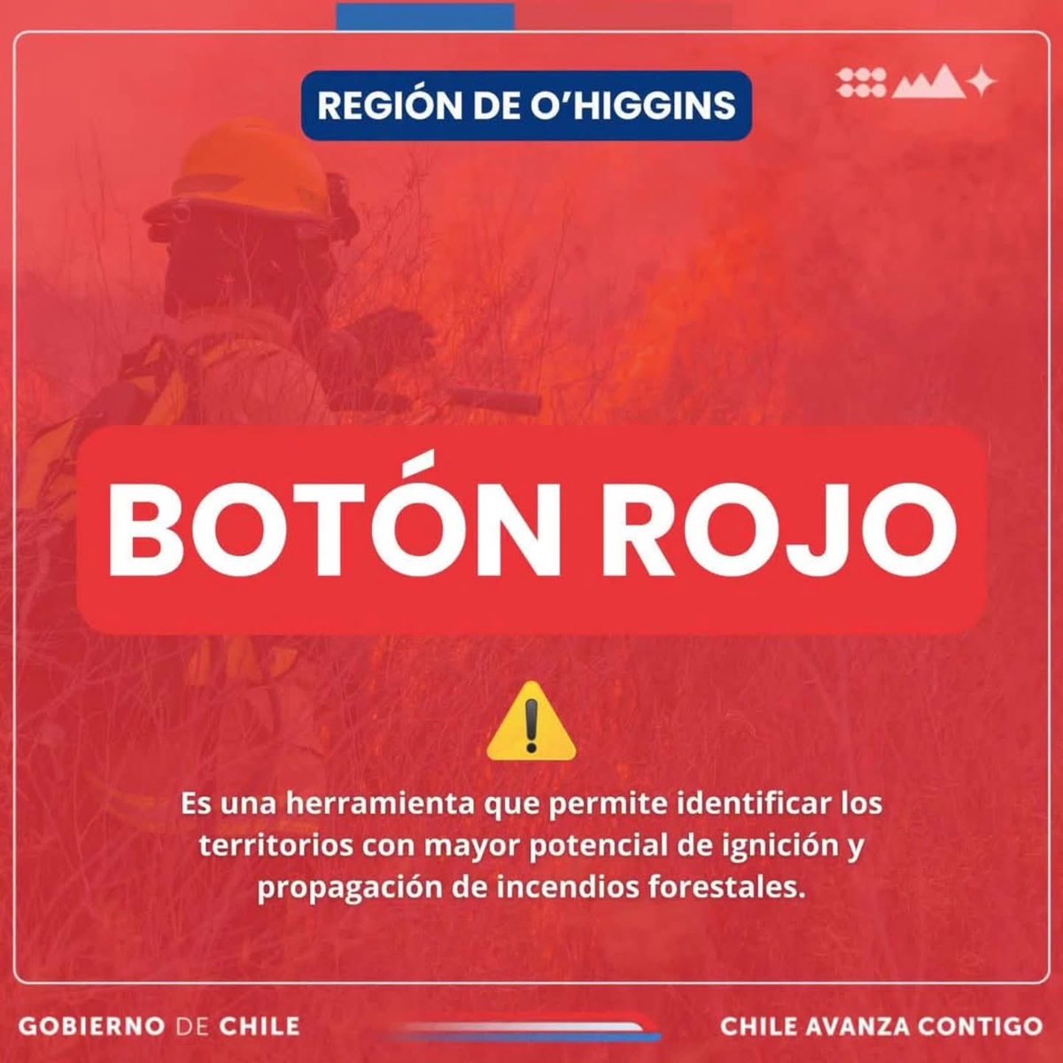 ✅ Botón Rojo Hoy en O'Higgins
El Botón Rojo de CONAF es una alerta de riesgo extremo de incendios forestales activa debido a las condiciones meteorológicas.